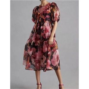 Anthropologie Puff Sleeve Organza Midi Dress Silk Floral Tie Back M